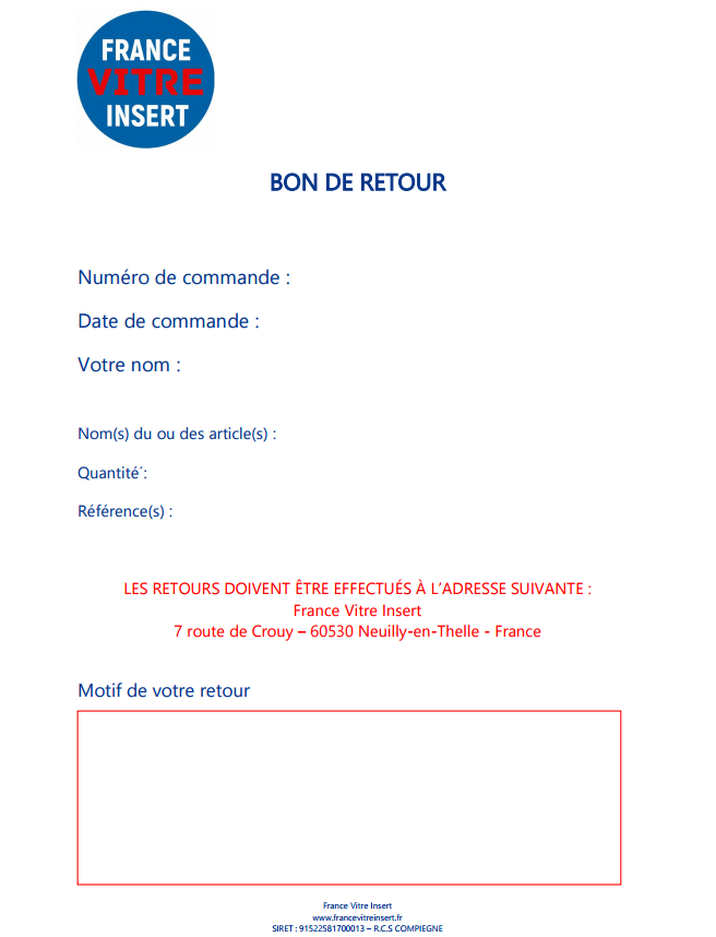 Bon de retour France Vitre Insert